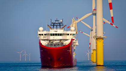 Sevice operations vessel next to offshore wind turbines