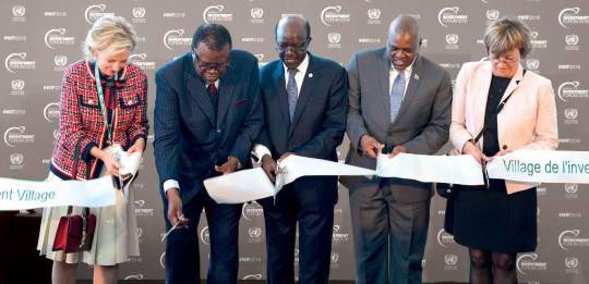 Princess Astrid of Belgium, President Hage Geingob of Namibia, Dr. Kituyi, President Mokgweetsi E.K. Masissi of Botswana, UNCTAD Deputy Secretary-General Isabelle Durant attend the World Investment Forum 2018 in October 2018