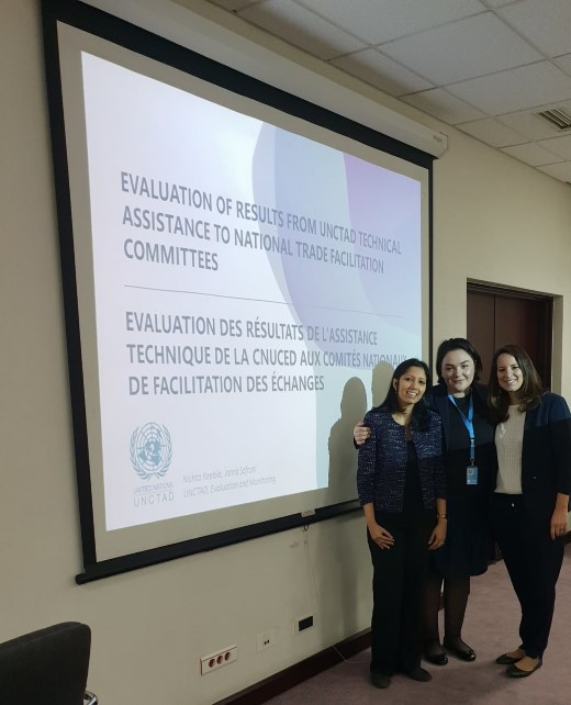 From left: Nishta Keeble, UNCTAD Programme Officer for RBM, Janna Sofroni, Monitoring and Evaluation Unit, and Arántzazu Sánchez Belastegui, Economic Affairs Officer, Trade Facilitation Section Division of Technology and Logistics, delivering the self-evaluation workshop on the results of the UNCTAD technical assistance to National Trade Facilitation Committees on 29 November 2018, in Addis Ababa, Ethiopia.