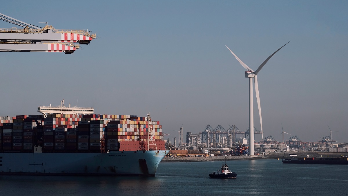 Container ship arrives in the port of Rotterdam in the Netherlands