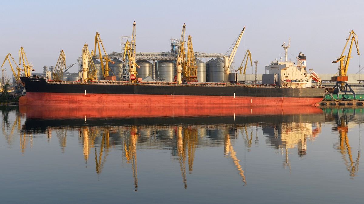 A commercial vessel being loaded with grain in Odessa port before the war in Ukraine began