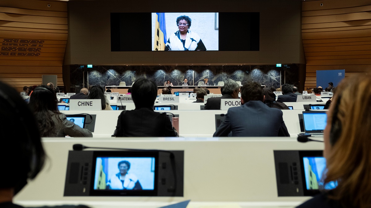 Barbados Prime Minister Mia Mottley speaks at the high-level event of UNCTAD's Trade and Development Board