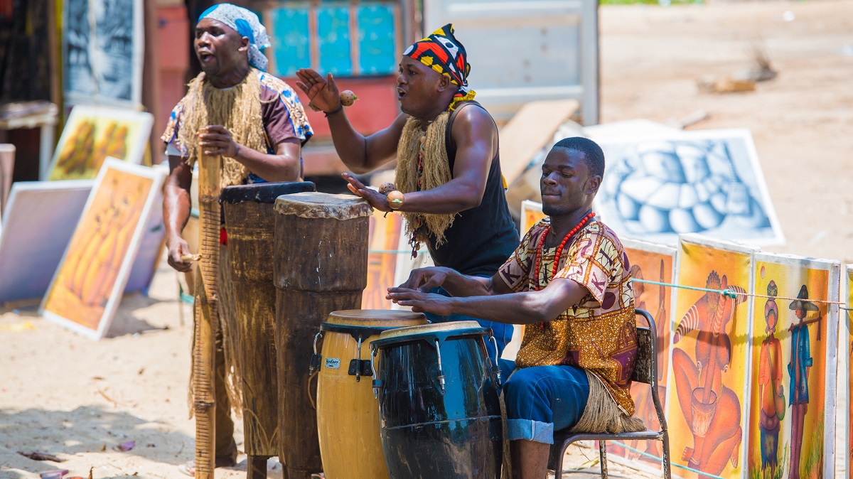 Musicians play traditional music in the streets of Luanda, Angola