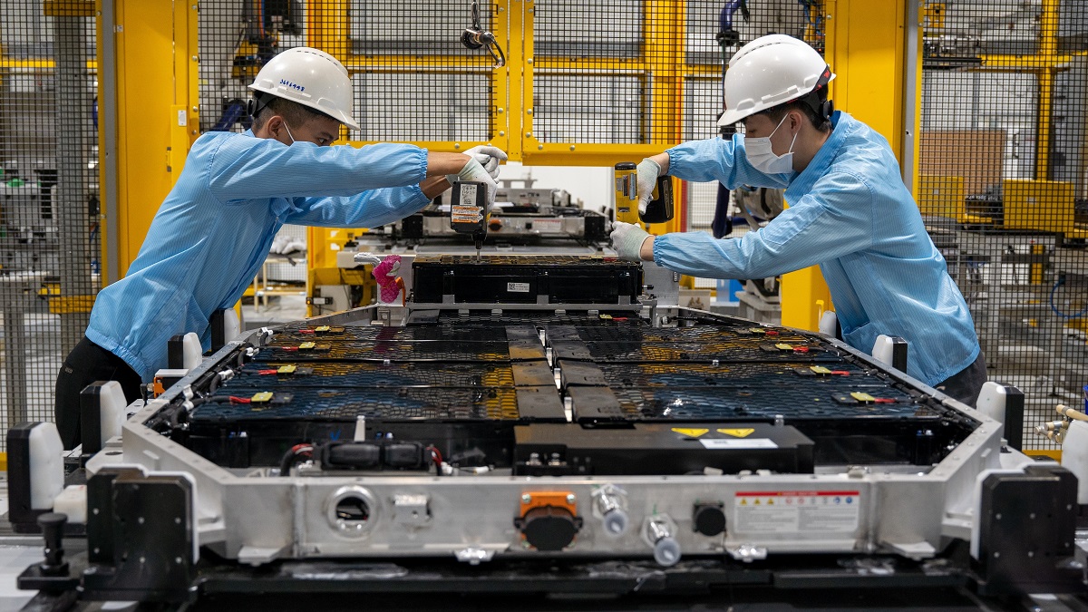 Workers in an electric car battery factory in Haiphong, Viet Nam