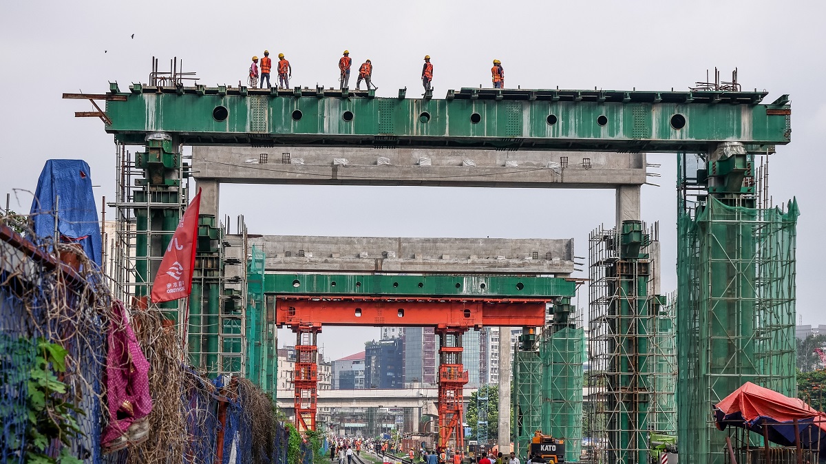 Construction work on an elevated expressway in Dhaka, Bangladesh
