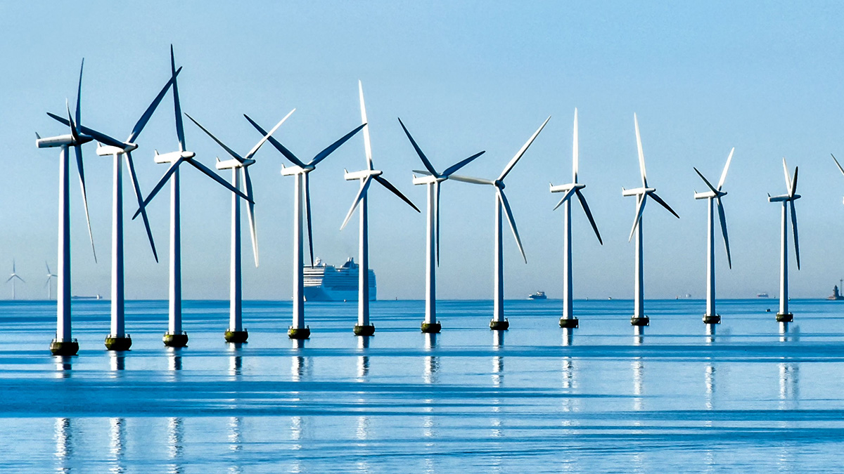 Offshore wind turbines on the coast of Copenhagen in Denmark