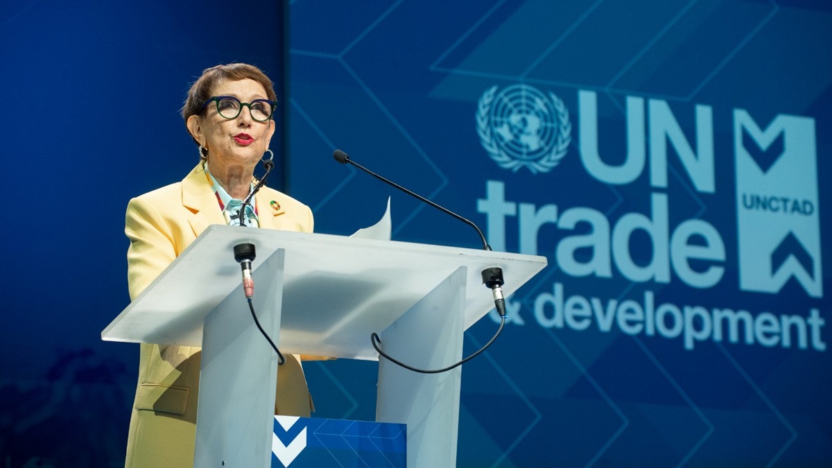 UNCTAD chief Rebeca Grynspan speaks at the organization's 60th anniversary