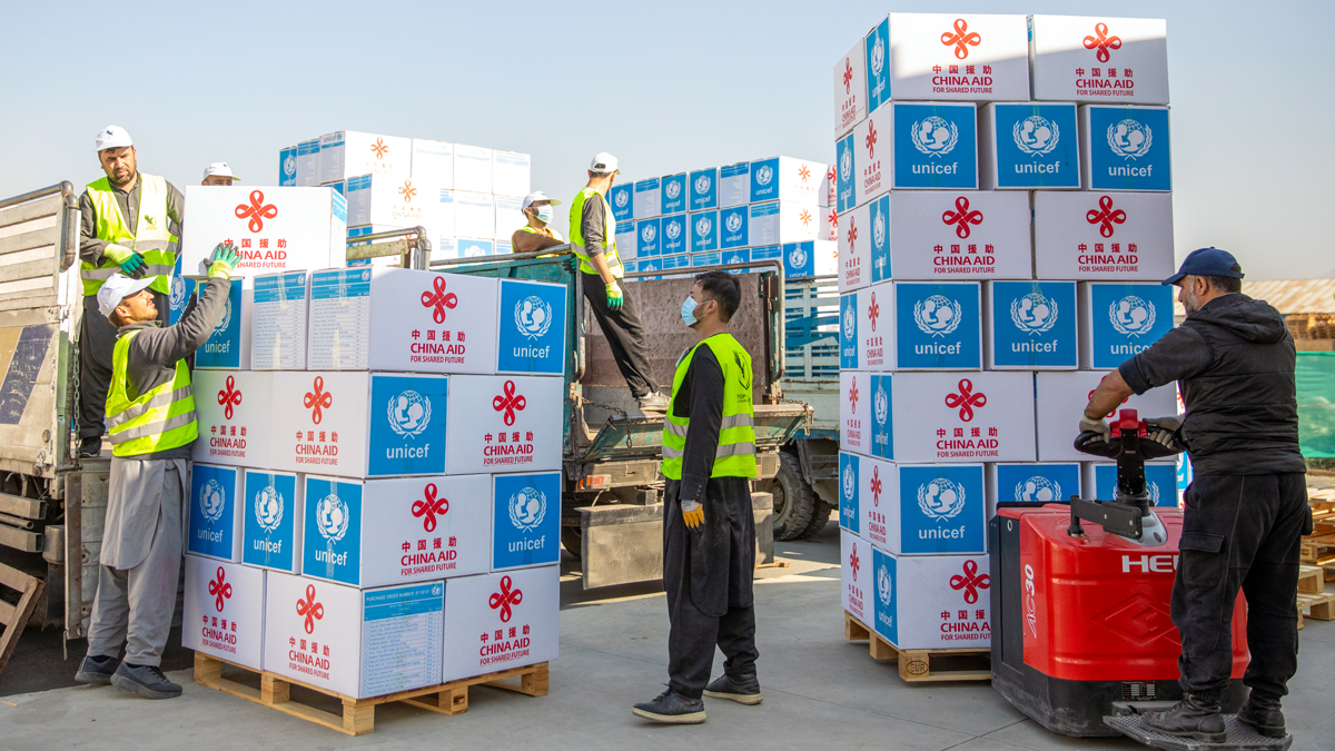 Emergency supplies of water, sanitation and hygiene arrive at a warehouse run by the United Nations Children’s Fund (UNICEF) in Kabul, Afghanistan.