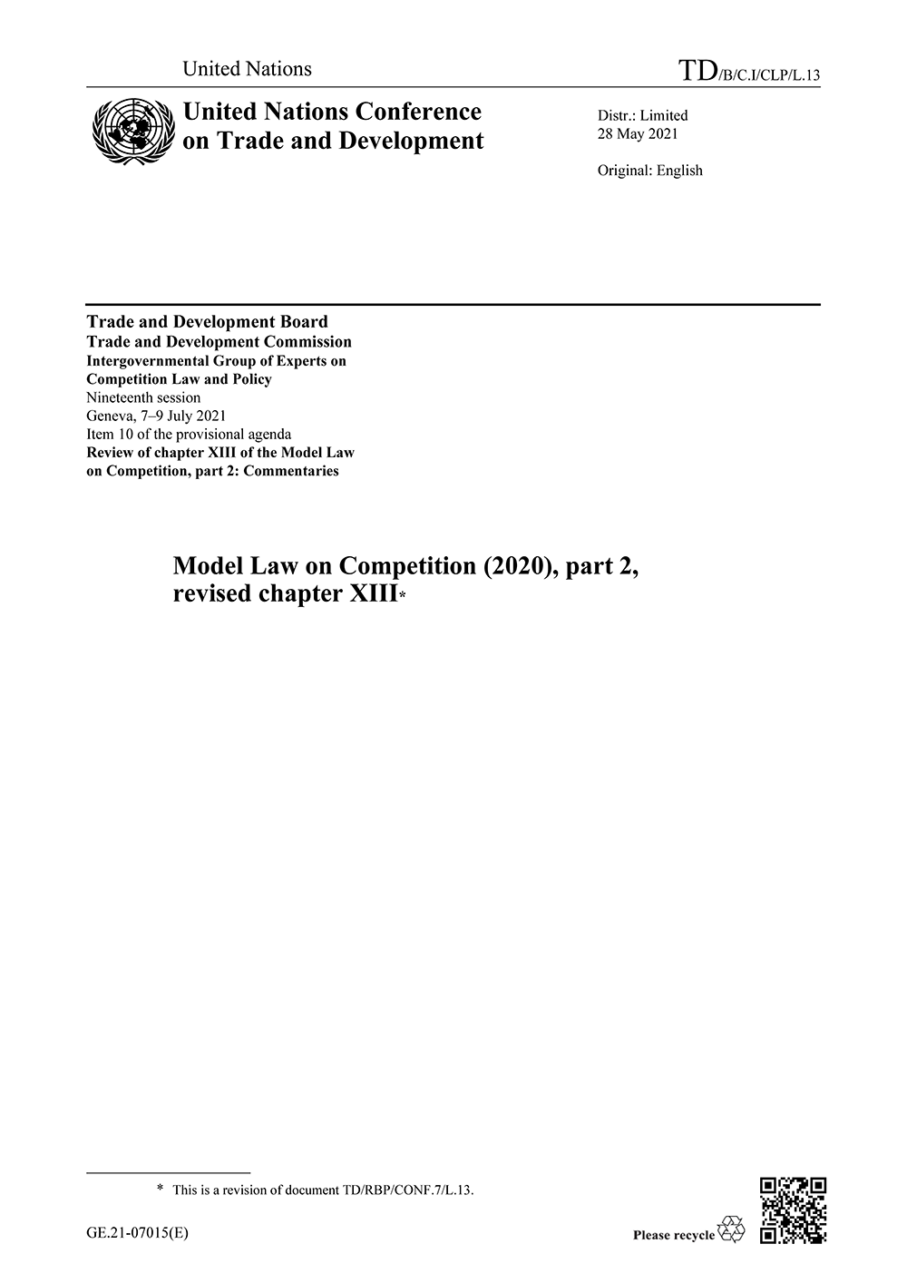 Cover image for UNCTAD Model Law on Competition