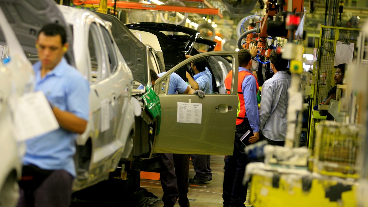 Workers at a car assembly plant in Bahia, Brazil.