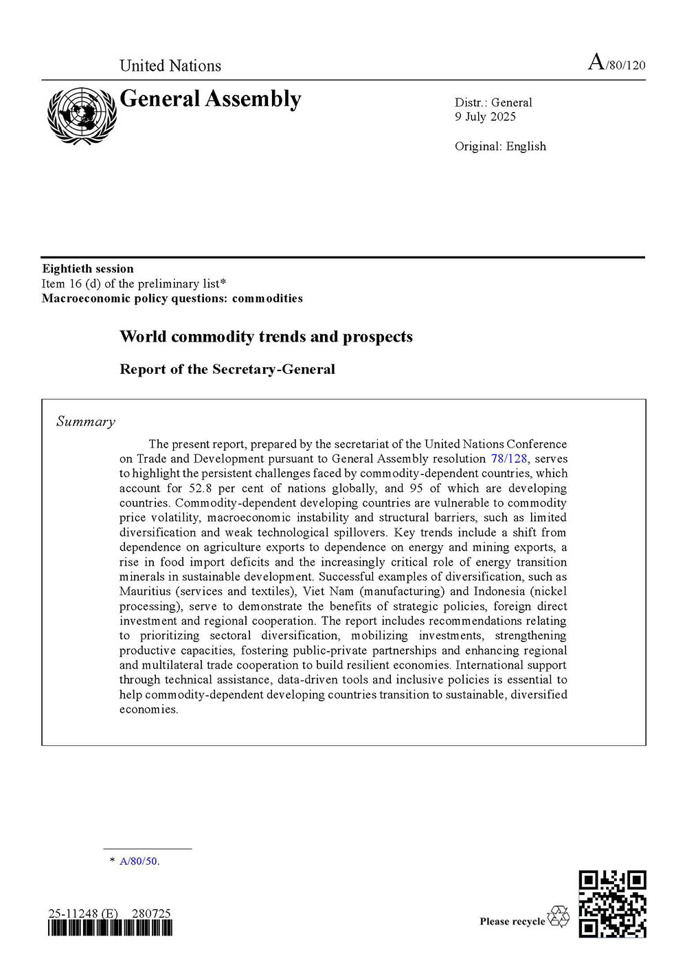 Series: World commodity trends and prospects (UNSG Reports)