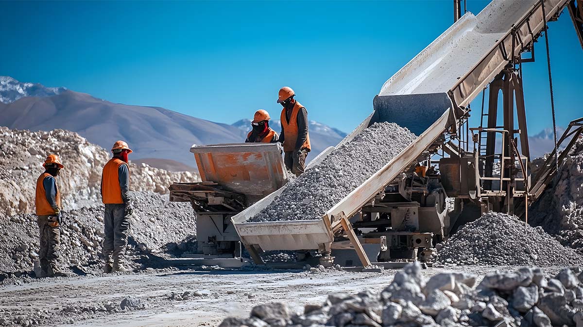 Workers in a mining landscape