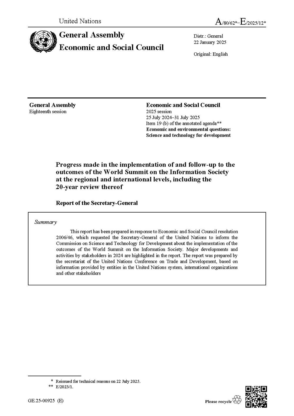 Cover of 2025 Report of the Secretary-General: Progress made in the implementation of and follow-up to the outcomes of the World Summit on the Information Society at the regional and international levels