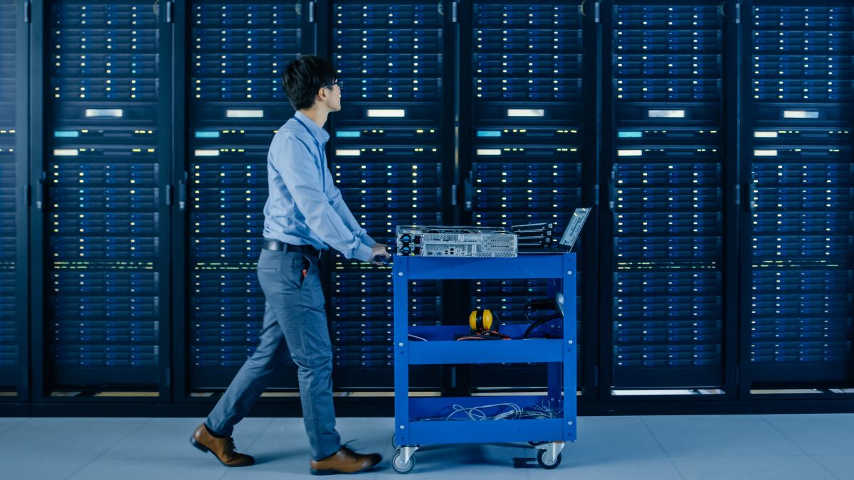 A worker in a large data centre