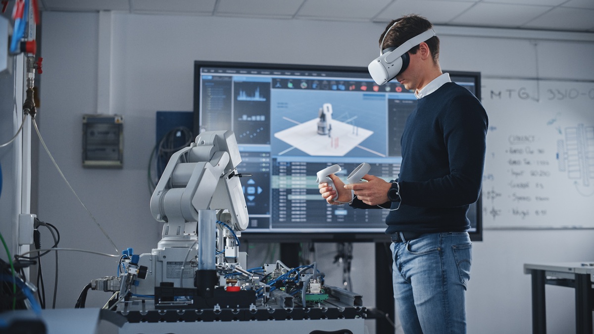 An engineer interacts with a virtual reality device.