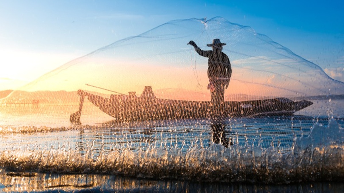 A fisherman casts a net.