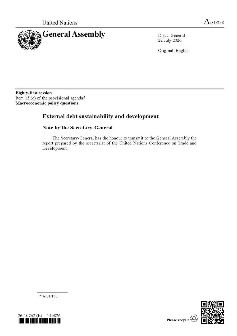 Cover of External debt sustainability and development (2026)