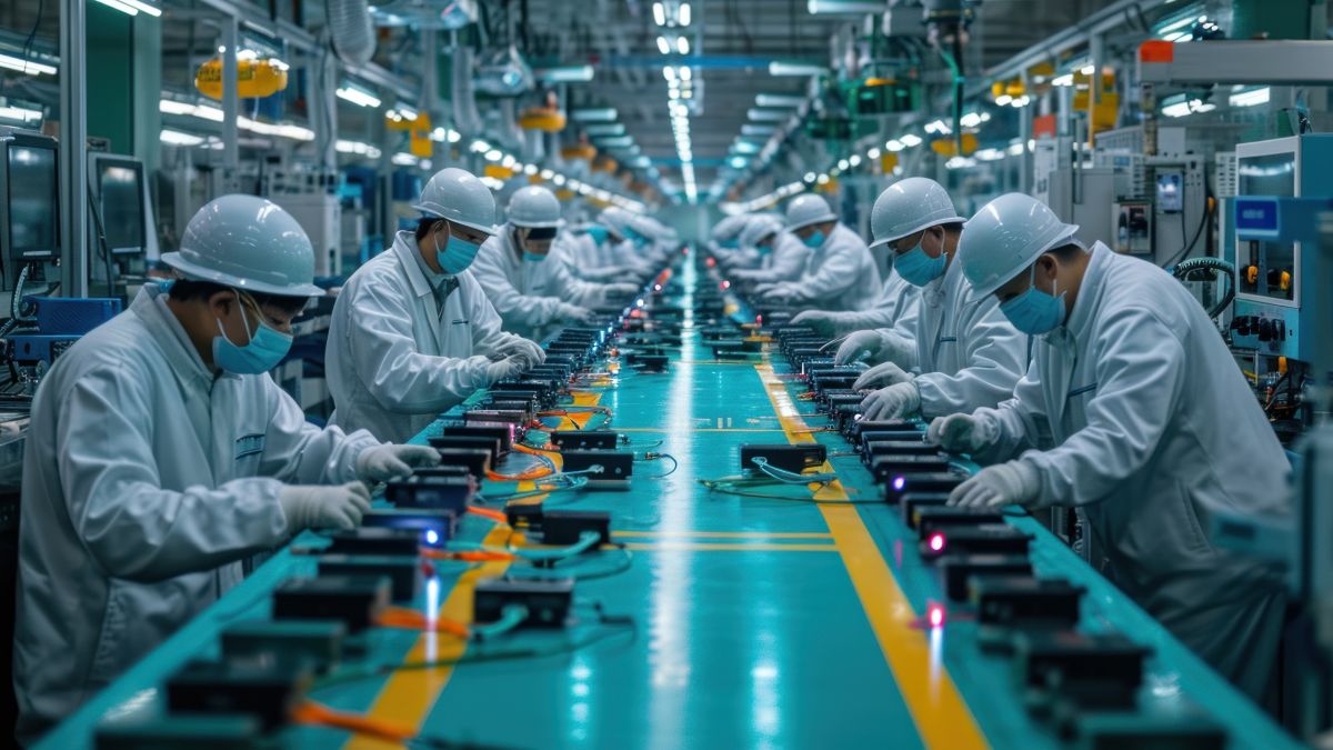 Asian workers working at technology production factory with industrial machines