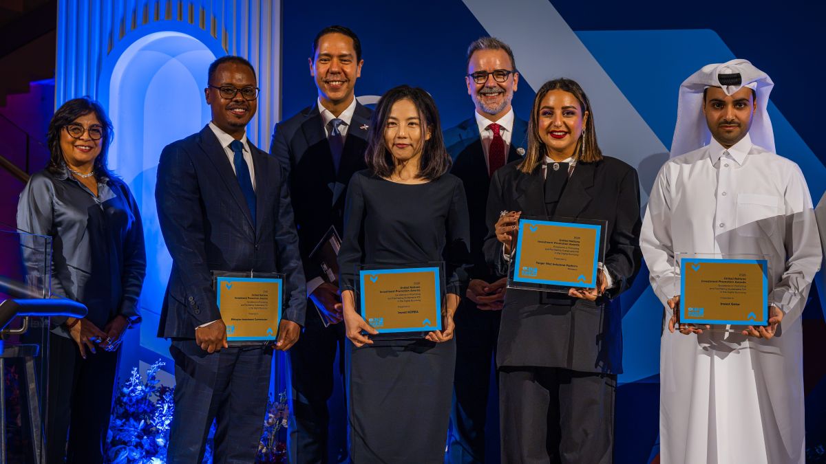 Winners of the 2026 United Nations Investment Promotion Awards at the World Investment Forum in Doha, Qatar, on 25 October 2026.