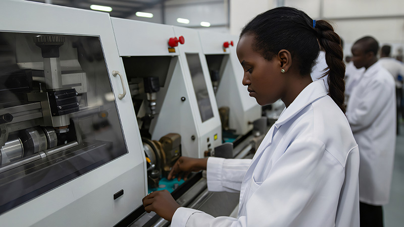 Young female engineer operating high precision equipment in a modern factory