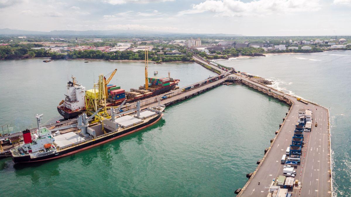Aerial view of a container cargo ship, in Acajutla port, El Salvador, Central America.