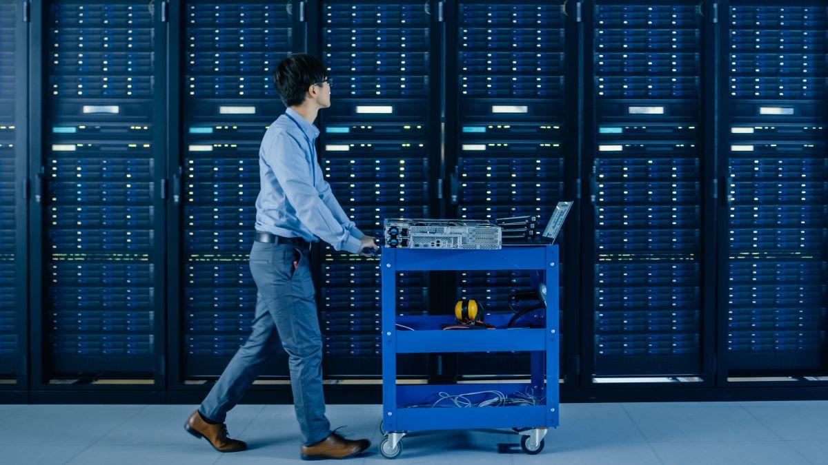 A worker in a large data centre