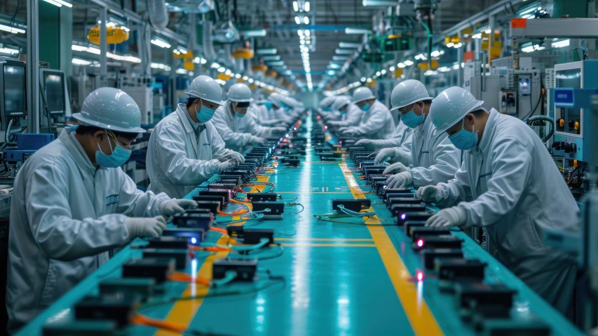 Asian workers working at technology production factory with industrial machines