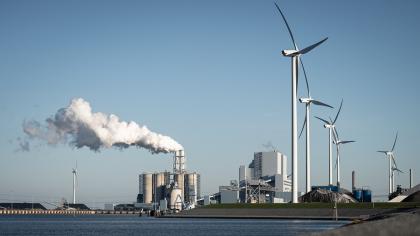 Coal power plant and wind turbines in Eemshaven port in the Netherlands