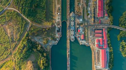 An aerial view of the Miraflores Locks on the Pacific side of the Panama Canal.