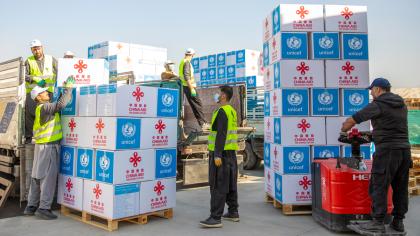 Emergency supplies of water, sanitation and hygiene arrive at a warehouse run by the United Nations Children’s Fund (UNICEF) in Kabul, Afghanistan.