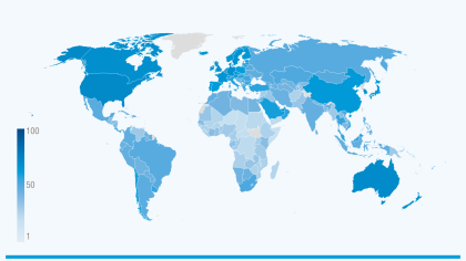A map showing country and regional scores on the Productive Capacities Index for 2024