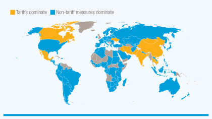 a map showing that most countries still face higher export costs from non-tariff measures