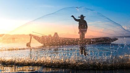 A fisherman casts a net.